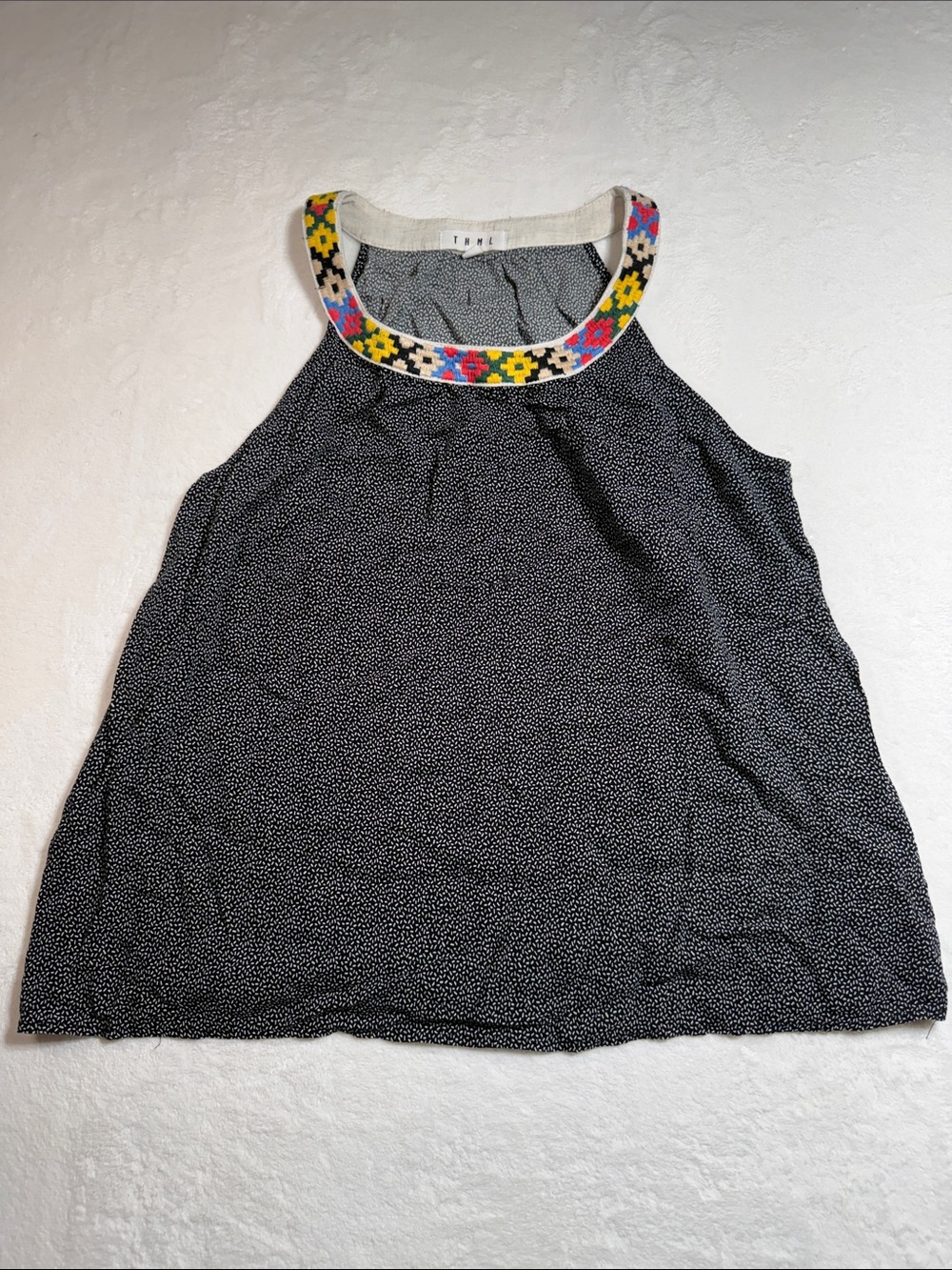 Anthropologie THML Black Speckled Tank with Colorful Embroidered Collar